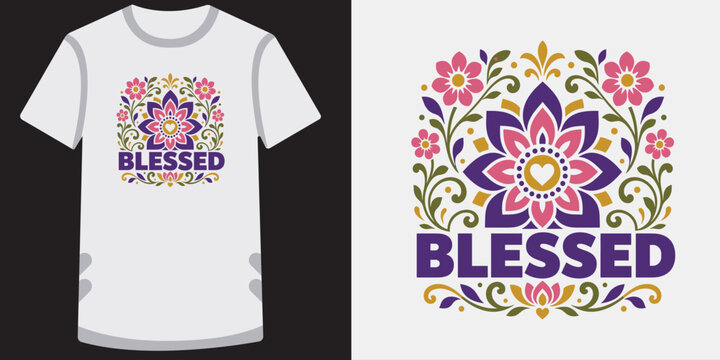 Floral mandala t shirt design with blessed text quote vector illustration for apparel print.