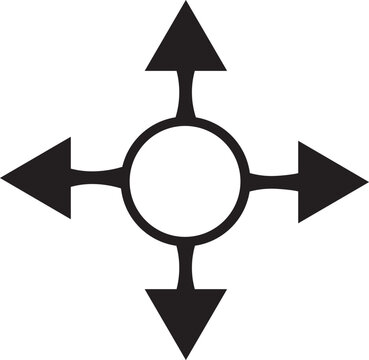 Arrows pointing in four cardinal directions from a central circle represent navigation and movement.