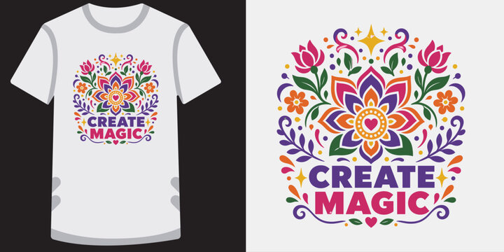 Create magic t-shirt design with vibrant floral mandala and inspiring phrase.
