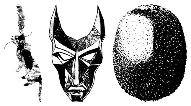 This collection features a sharp demon mask, a stylized silhouette, and a textured egg like orb. These dark art pieces include a face and a sleek kitty shape with heavy stippling.