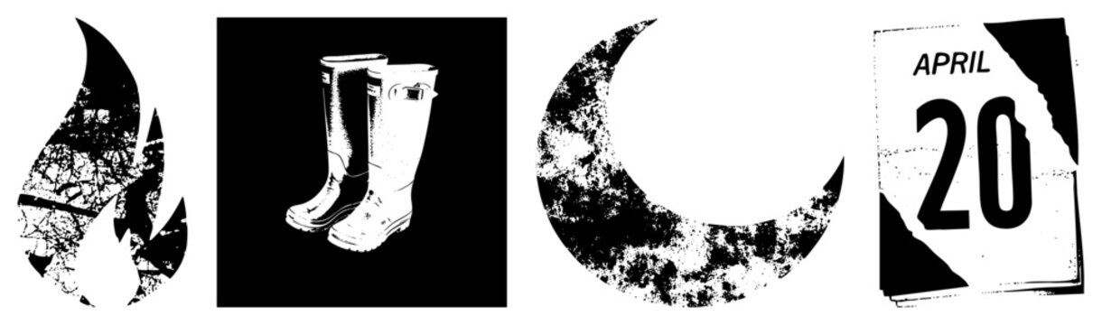 Collection of vintage textured graphics including a flickering blaze, rubber wellies, a moon, and an April 20 date stamp. These gritty motifs feature a weathered aesthetic.