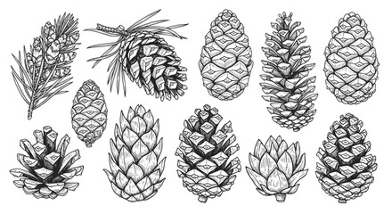 Collection of Hand-Drawn Pine Cones and Pine Needles Sketch © firia