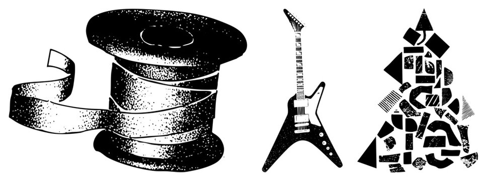 This collection features a textured thread spool, an electric guitar, and abstract geometry. A vintage sewing bobbin and rockaxe appear alongside jagged shapes in a high contrast halftone style.