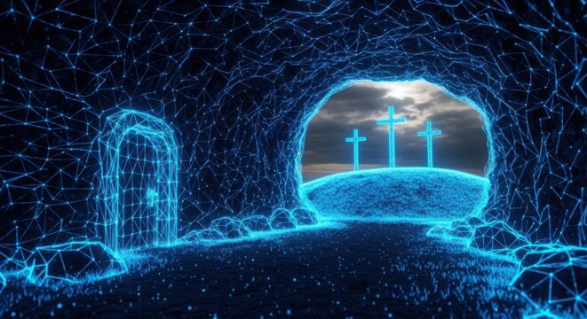 Three crosses glowing on a hill at night with open tomb illustration