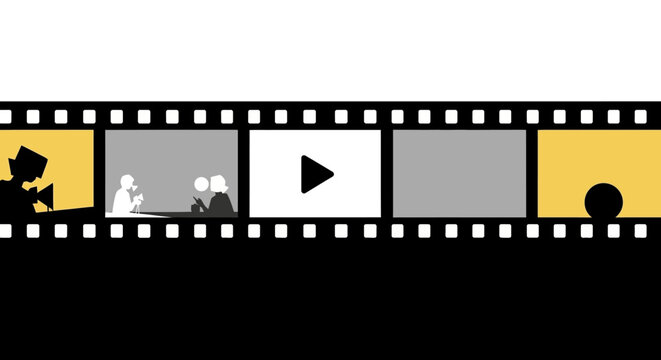 Engaging film strip graphic illustrating the dynamic process of video production, from filming and collaborative planning to playback, highlighting creative visual media content