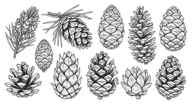 Collection of Hand-Drawn Pine Cones and Pine Needles Sketch