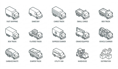 Isometric logistics and delivery trucks line icons set. Cargo vehicles, shipping van, warehouse forklift, and distribution transport vector illustration. © mdmasud
