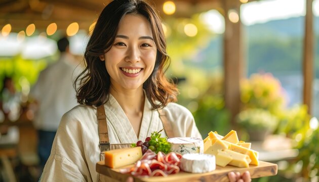 Smiling woman holds cheese board with grapes, ham, cheddar and brie against a bright, out-of-focus background