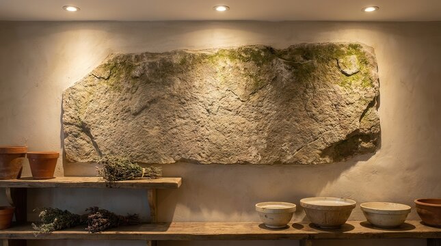 Large irregular shaped flagstone slab acting as a decorative wall feature with natural textures and rustic shelving