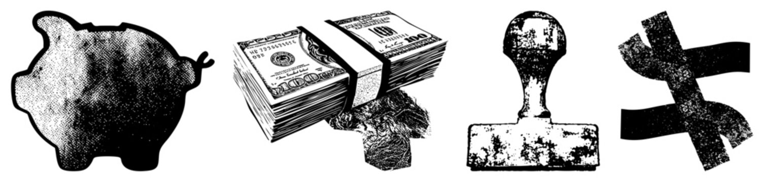 This vintage textured collection features a savings, a thick stack of greenbacks, a rubber stamp, and a currency symbol. These distressed assets include a coin bank and bundles of dough.
