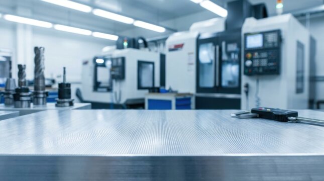 Detailed close-up of a textured brushed aluminum surface with fine parallel lines, featuring a digital caliper on the edge and a blurred CNC machine shop in the background.