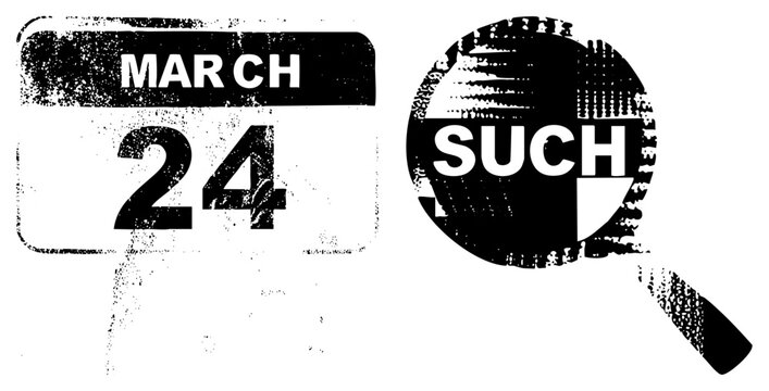 Weathered date stamp for 24 paired with a vintage zoomer tool. This distressed blotched blotter and magnifying glass set features a gritty halftone texture for a raw look.