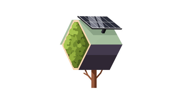 Modern solar powered treehouse with green eco friendly roof.