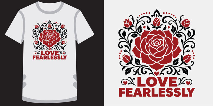 Red rose surrounded by floral elements with text love fearlessly in black and red.