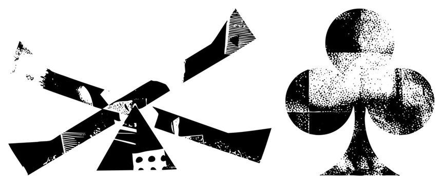 This gritty collage features a distorted windwheel and a stylized club emblem. The piece uses a rough stencil aesthetic with high contrast halftone textures and broken geometric forms.