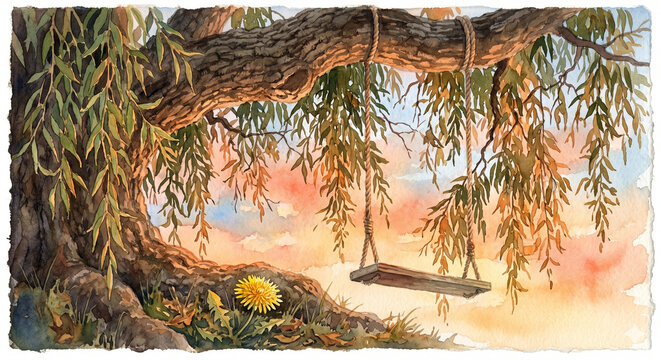 Nostalgic Sunset Watercolor with a Swing Under a Zelkova Tree and a Single Yellow Dandelion.
노을지는 저녁 하늘 수채화 배경 아래 커다란 느티나무 그네와 노란 민들레 한 송이 감성 일러스트