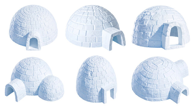 Six distinct 3D rendered igloo models with unique entrances and textured snow blocks.