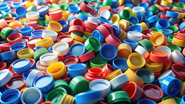 Pile of colorful plastic bottle caps