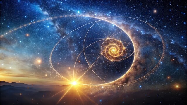 A glowing fibonacci spiral overlaid on a starry night sky