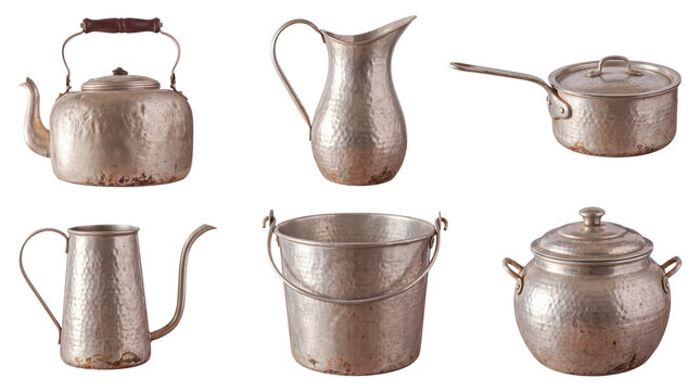 Assortment of vintage aluminum kitchen and home items, rustic antique metal objects isolated on transparent.