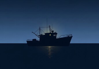 Obraz premium Silhouette of a fishing vessel at dusk with reflected lights on water