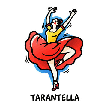 Vibrant retro illustration of an energetic woman gracefully performing tarantella dance, featuring a flowing red skirt and expressive movements, perfect for lively design projects and cultural themes