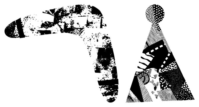 This distressed art piece features a weathered boomerang and a textured pointy hat. These mixed elements include a boomer and a conical cap rendered in high contrast black and white.