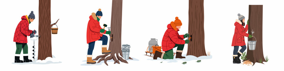 A series of illustrations showing the traditional process of tapping maple trees to collect sap for syrup in a winter forest setting. © Aldi