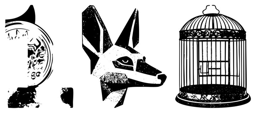 Stylized desert kit fox head in a sharp geometric design alongside an intricate wire birdcage. This grunge stencil set features a desert vulpine and a vintage enclosure.