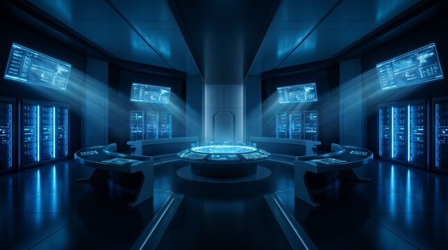 Futuristic high-tech control room with glowing blue holographic displays and server racks