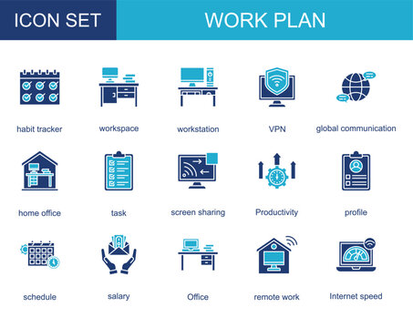 work plan icon collection set. with habit tracker,workspace,workstation,VPN,global communication,home office,task