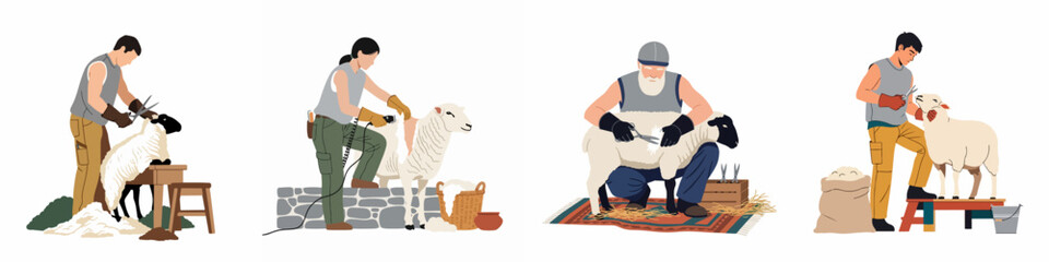 A collection of flat vector illustrations depicting various farmers and professionals shearing sheep for wool production on a white background. © Aldi