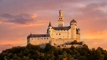 Majestic castle on a hill at sunset with dramatic orange sky © erna