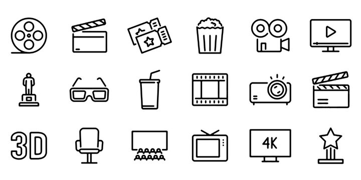 Cinema Line Icon Set, Movie Theater Entertainment Vector Transparent Background