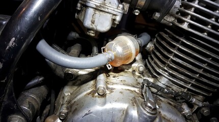 Fototapeta premium Close up of motorcycle inline fuel filter and fuel line hose on vintage engine block automotive maintenance concept 