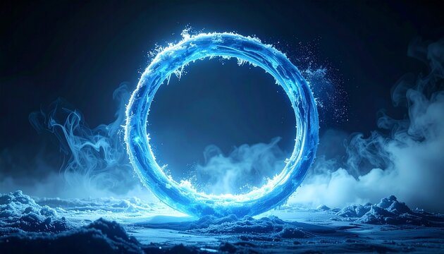 Mystical Water Portal: A luminous ring of swirling water, crackling with energy and surrounded by ethereal mist, beckons viewers into an unknown dimension.