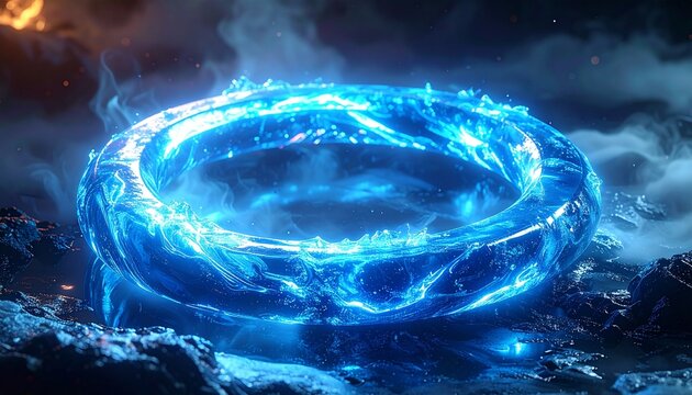 Mystical Blue Portal: An ethereal blue portal, glowing with arcane energy and swirling mist, hovers over a rocky, desolate landscape, hinting at interdimensional travel and otherworldly mysteries.