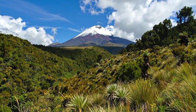 Snow-capped mountain view through lush green valley, blue skies, and cloudscape