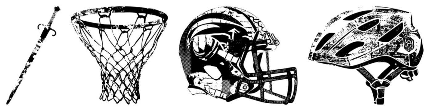 High contrast collection featuring a sharp blade, a basketball hoop, a football helmet, and a cycling cap. This stencil set includes a combat sword, a hoop, and headgear for intense competition.