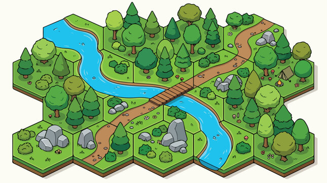Isometric forest map tiles, hexagonal landscape game assets with river and bridge, green woodland nature environment for board games and apps