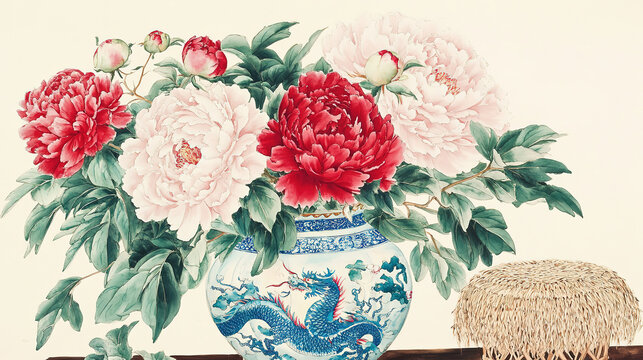Watercolor painting red pink peonies blue white vase circular beige textured background dragon design dark stand woven stool right green leaves blooming flowers