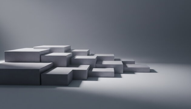 Smooth polished concrete blocks arranged in a staggered geometric pattern, creating a modern architectural display with dramatic lighting and shadows
