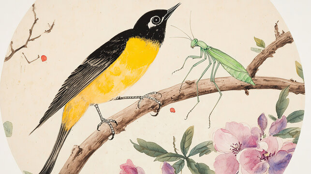 Round watercolor textured off white paper yellow black bird perched brown branch red nubs facing down left light green praying mantis on branch above purple pink flower cluster green veined leaves bra
