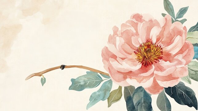 Watercolor circle light background bird brown black red cheek black crest on branch with green blue leaves left large pink flower red center yellow details green leaves beige paper