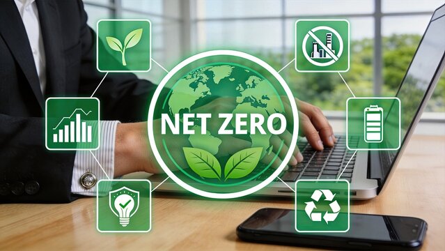Net zero carbon emissions sustainability concept with green earth globe, renewable energy icons including solar, wind, recycling, electric battery, eco-friendly business strategy