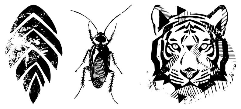 This black and white collection features a tribal feather, a gritty roach, and a geometric tiger. These wild elements include a jungle cat, a wood bug, and a plume.
