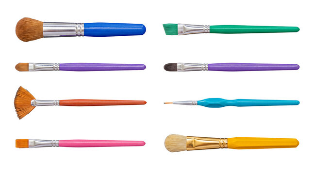 Colorful collection of various professional paint brushes for artists, featuring different sizes and shapes.