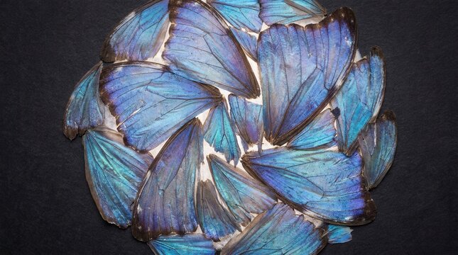 Collection of iridescent blue Morpho butterfly wings arranged in a layered circular pattern on a textured black background, showing detailed wing veins and shimmering scales.