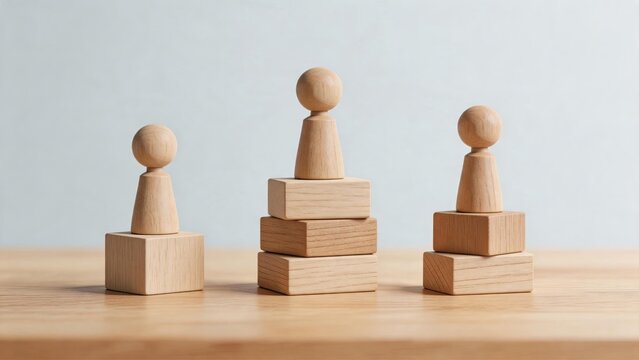 Three wooden peg people figures standing on stacked blocks of varying heights, representing social hierarchy, inequality, career levels or team structure concept on wooden table.