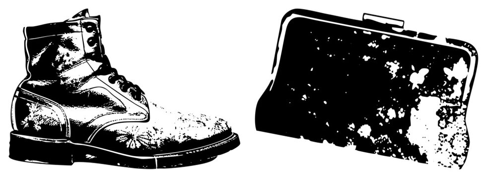 Rugged work boot alongside a worn leather wallet, featuring a heavy stencil aesthetic. This tough footwear and old billfold set captures a raw, street style urban energy.